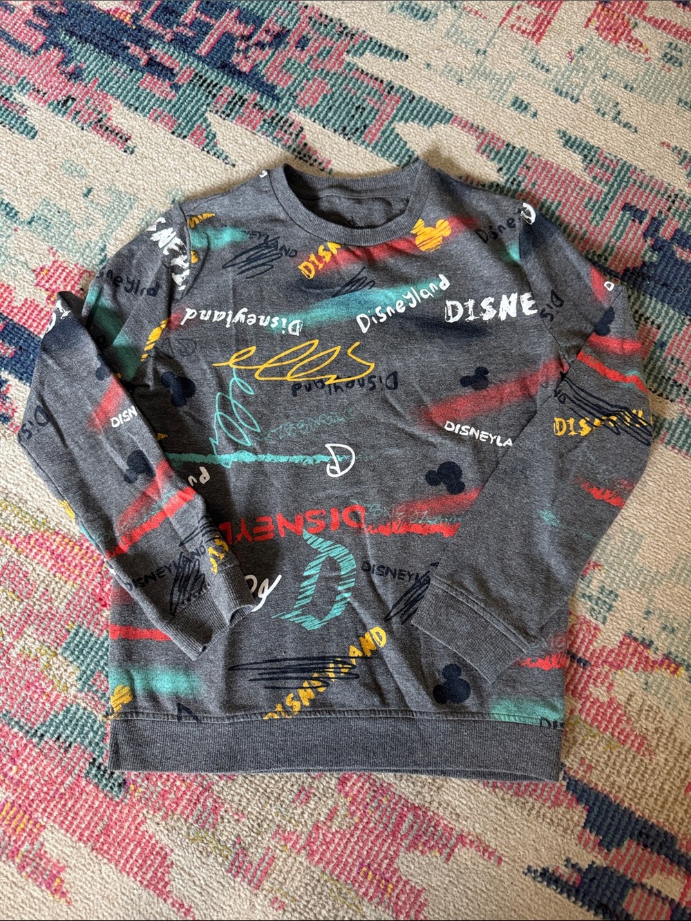 Disney Gray Long Sleeve Crewneck with Multicolor Script